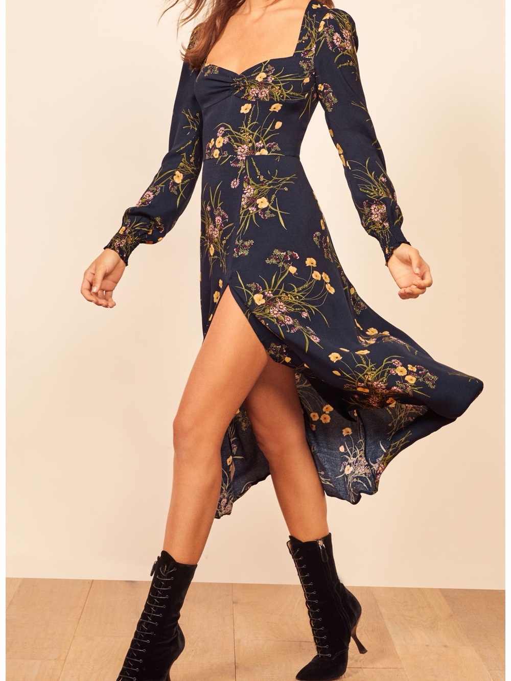 REFORMATION Boho Wallflower Midi Dress Navy Long Sleeve Slit Sweetheart Size 0 - Picture 8 of 16